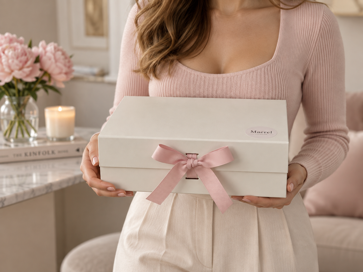 Soft Bloom wrapped in its Maerel gift box, ribbon-tied and ready to give
