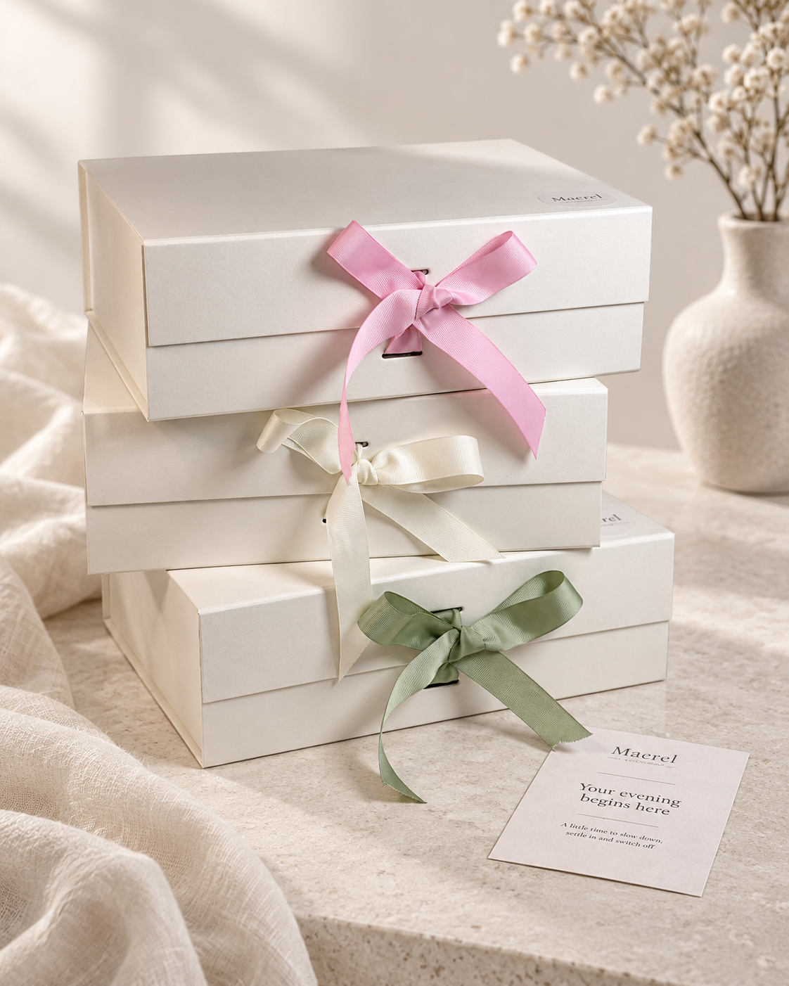 The closed Maerel box, ribbon-tied, with its card set beside it